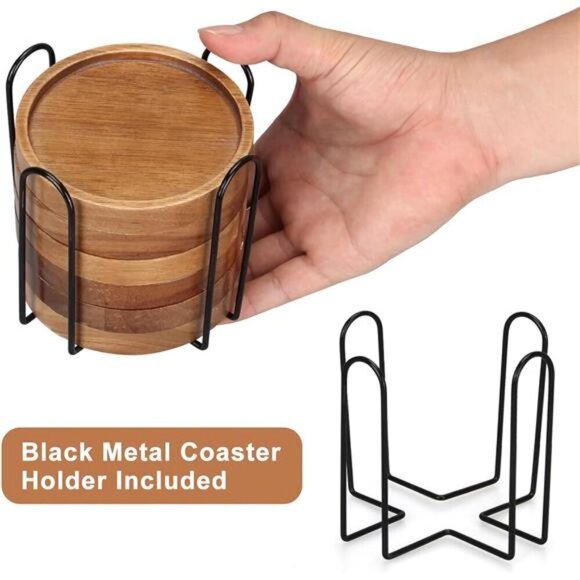 Acacia Wood Coasters Set with Holder Rustic Drink Coasters for Coffee Table Bar - Picture 3 of 8